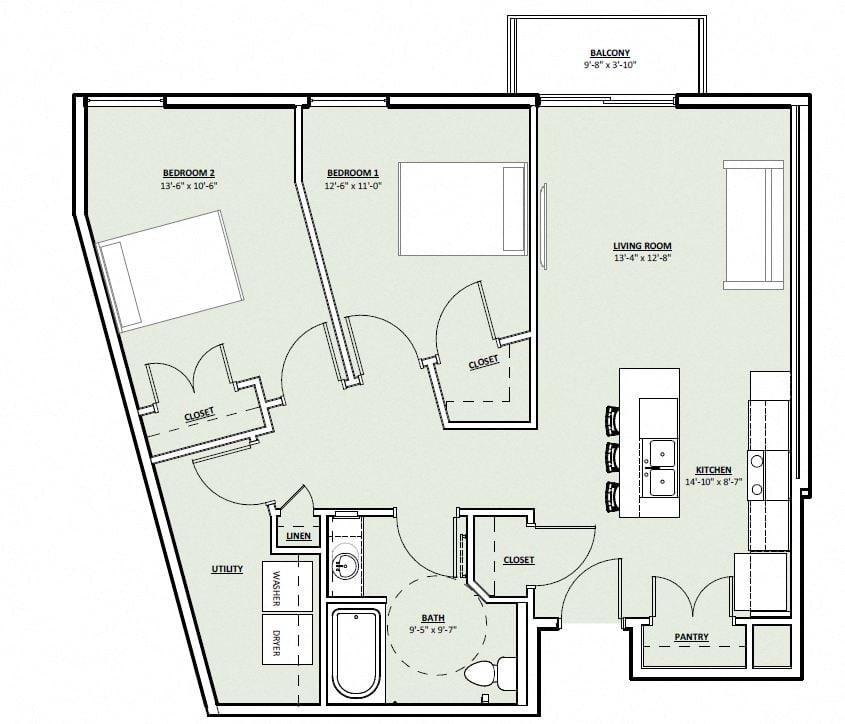 Floor plan for 2 beds, 1 bath, 1008 sqft